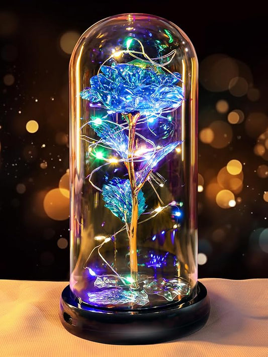 Mothers Day Flowers Gifts for Mom Women Birthday Gift Rechargeable Galaxy Glass Rose in Glass Dome Forever Crystal Eternal Rose Anniversary Mothers Day Roses Gifts for Daughter Wife Women Grandma Blue
