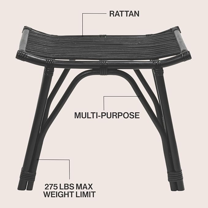 JONATHAN Y Gabriel 18" Handcrafted Rattan and Teak Wood Vanity Stool, Bohemian Backless Accent Ottoman Footstool, Black STL3005C