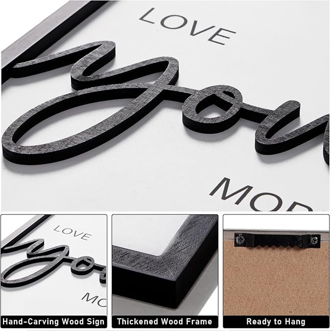 3D Wood I Love You Sign, Framed Love You More Sign 36x16”, Black And White Wall Decor for Bedroom Room Living Room (12x16 inches, Set of 3, Framed)