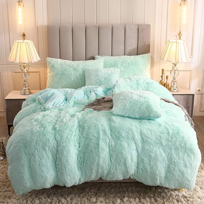 Faux Fur Velvet Fluffy Bedding Duvet Cover Set Down Comforter Quilt Cover with Pillow Sham, Ultra Soft Warm (Twin, Aqua)