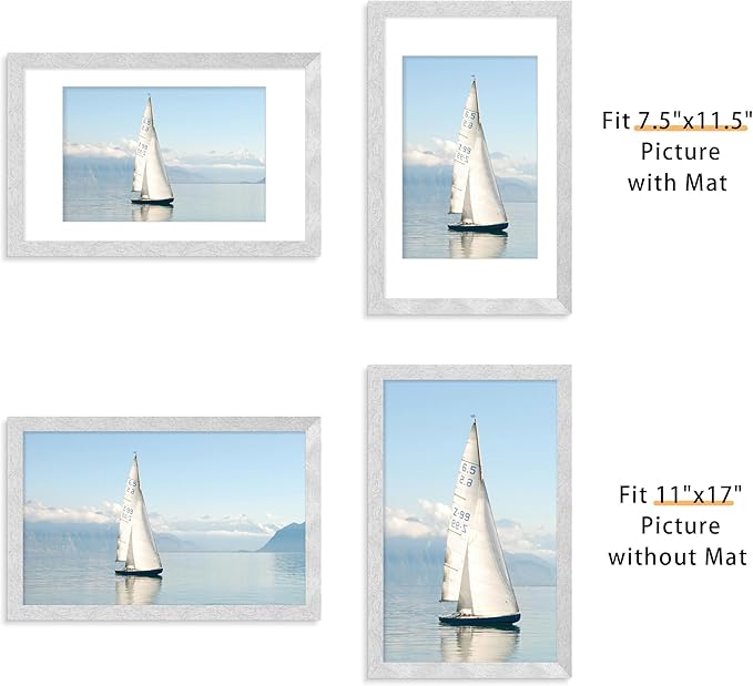 Picrit 11x17 Picture Frame Set of 12, Display 8x12 with Mat or 11x17 without Mat, Photo Frames for Wall Mounting Display, Silver