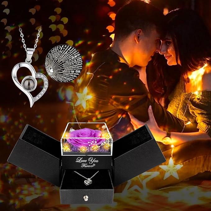 ENERLEAF Preserved Purple Real Rose-Eternal Flowers Rose Gifts for Mom Grandma Wife Girlfriend on Mothers Day Birthday Valentines Christmas Anniversary Romantic Gifts for Her with I Love You Necklace