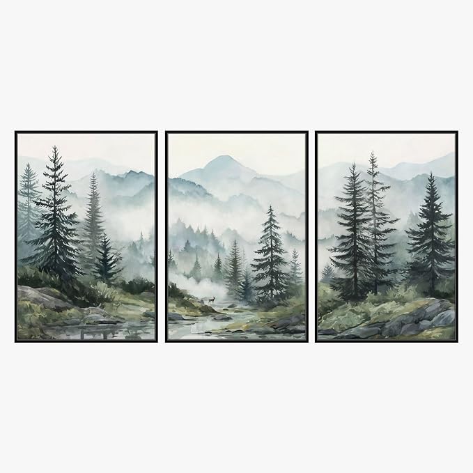 SAFERRYHOME Foggy Green Forest Wall Art, Misty Pine Tree Framed Canvas Wall Decor, Nature Landscape Painting Woodland Prints, Modern Mountain Artwork Picture for Living Room Bedroom Office, 16"x24"x3