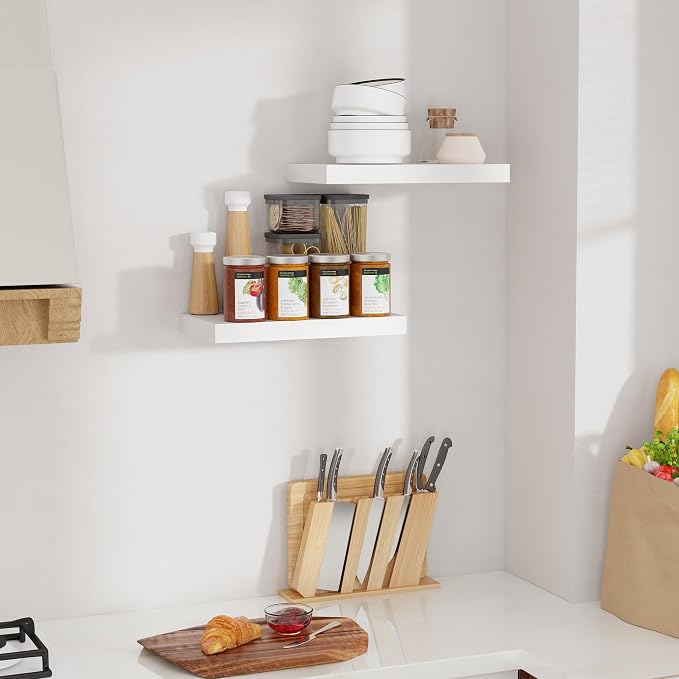 White Floating Shelves, 16 inch Wooden Floating Shelves for Wall, 9.3in Deep Wall Mounted Shelf for Storage & Organizer, Shelving for Bathroom Living Room Kitchen Bedroom, 16 x 9.3 x 1.5 in, 2 Packs