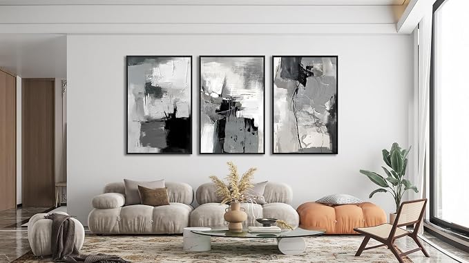 Large Framed Canvas Wall Art - Retro Grey Graffiti Pictures for Living Room Rustic Abstract Wall Decor Vintage Prints for Bedroom Dinning Room Black Float Framed 20" X 28" X 3 pcs