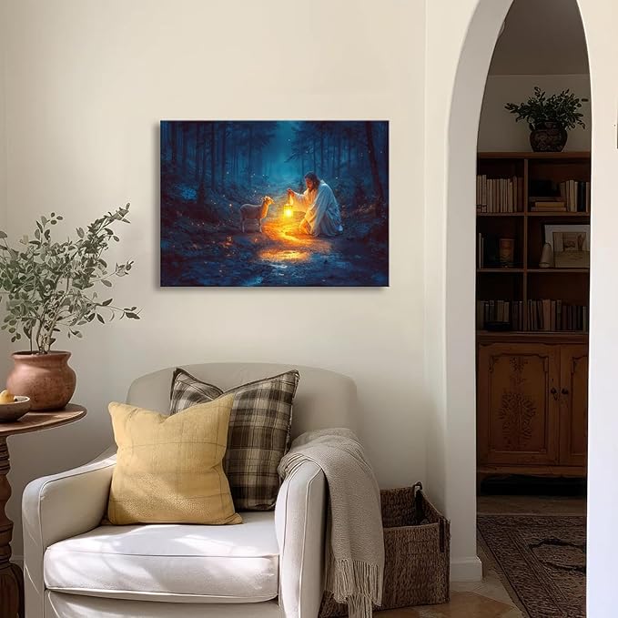 Christian wall art decor for prayer room ,Jesus and Lamb canvas Wall decor, Jesus Running After Lost Lamb Picture for Home Decor, Baptism gifts for boys-girl, serenity prayer wall art A-393 (24"X16")