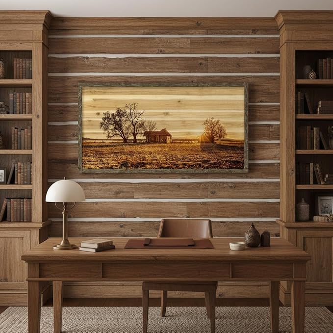 Farmhouse Wall Art Framed Picture: Large Country Farm Landscape Scene Wood Painting Decor Rustic Long Barn Old Cabin Print Horizontal Big Sunset Nature Countryside View Artwork for Living Room Bedroom