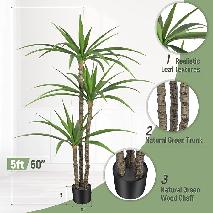 Artificial Tree 5ft Faux Agave Plant with 3 Heads in Pot Fake Tree for Home Decor Indoor or Outdoor Office Decoration,Farmhouse,Store Floor Decor Housewarming Gift(1 Pack)