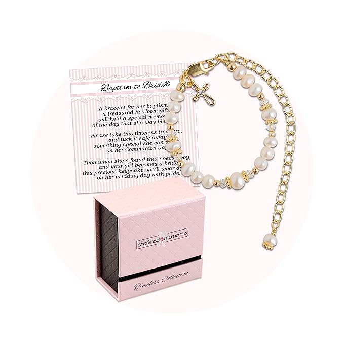 Cherished Moments 14K Gold-Plated Baptism to Bride Cross Bracelet Gift for Infant Girls with Cultured Pearls or Baby Christening Gift