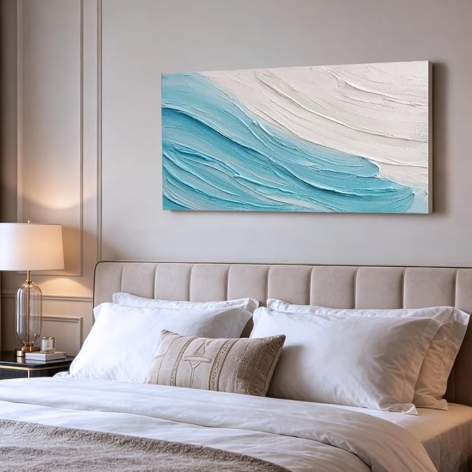 Large Modern Abstract Ocean Wave Canvas Wall Art Coastal Oil Painting Decor | 24x48 In Hand‑Painted Horizontal Minimalist Artwork for Living Room Bedroom Office, Original Blue & White Wall Decor Gifts