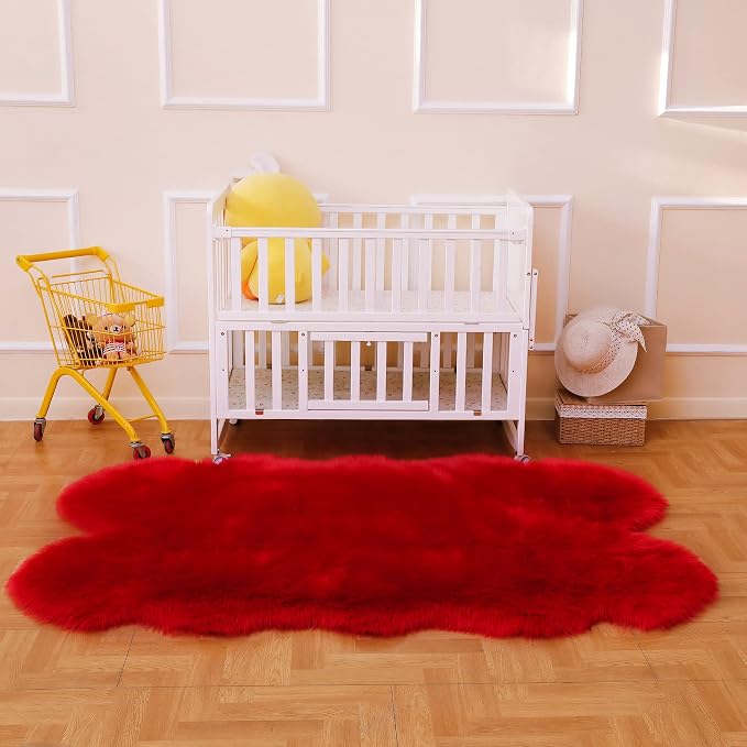 Faux Fur Rug Red Fluffy Sheepskin Area Rug,Ultra Soft Shaggy Plush Rug Bedroom Living Room Sofa Floor Kids Room Bedside（4 x 6 ft Sheepskin）