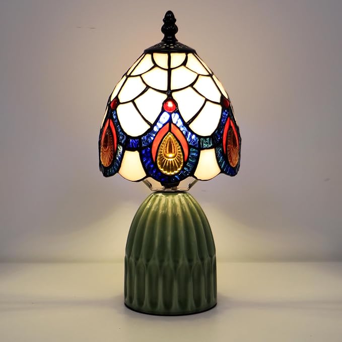 Tiffany Stained Glass Mushroom Table Lamp 12.5 Inch -Pink Peacock | Tiffany Lamp,6X6X12.5 Inch,Small Night Light,Ceramic Base, Mini Accent Light Suitable,Bedside,Bedroom, Children Room,Antique