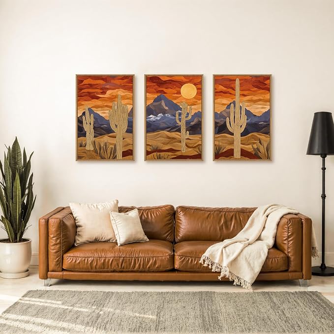 HPNIUB Mountains Desert Framed Canvas Wall Art Set, Abstract Sun Art Prints, Modern Cactus Paintings Artwork, Mid Century Southwestern Landscape Wall Decor for Living Room, Bedroom, Office-16 x24 x3