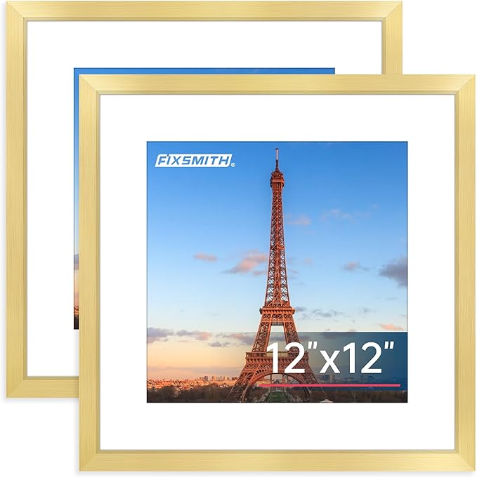 FIXSMITH 12x12 Picture Frame Gold Set of 2, Photo Frame with HD Plexiglass, Display Pictures 8x8 with Mat or 11x17 Without Mat, Gold Picture Frames Collage Wall Decor, Gallary Wall Frame