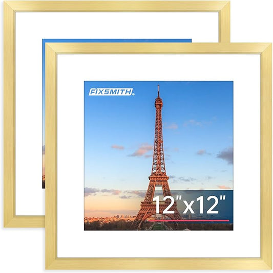 FIXSMITH 12x12 Picture Frame Gold Set of 2, Photo Frame with HD Plexiglass, Display Pictures 8x8 with Mat or 11x17 Without Mat, Gold Picture Frames Collage Wall Decor, Gallary Wall Frame