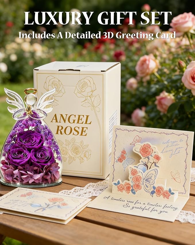 homeasy Roses Gifts for Women Birthday, Preserved Flowers Rose in Glass Angel Figurines, Forever Fresh Flowers for Delivery Gift Box for Wife Mom Her Grandma from Daughter