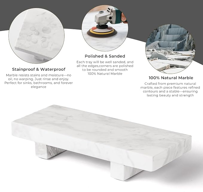 Marble Soap Tray for Bathroom Kitchen Countertop 8.6" x 3.6" Waterproof Soap Dish Holder, Stone Pedestal Stand for Sink, Vanity, Counter Luxury Decorative Tray Farmhouse Decor White (WH088)