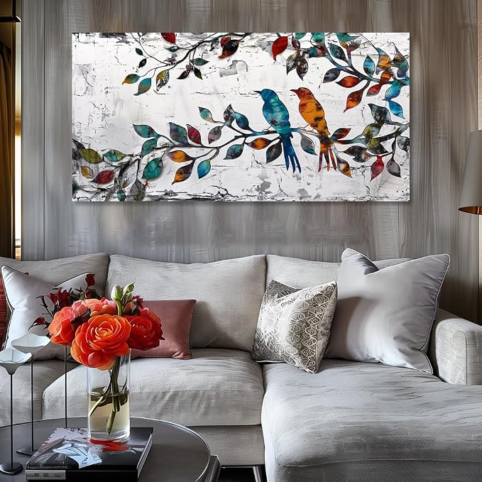 Wall Art Funny Paintings Colorful Birds on a Branch Art Mural Pop Art Home Office Wall Decor Framed Canvas Wall Decor for Living Room Ready to Hang - 71x36in