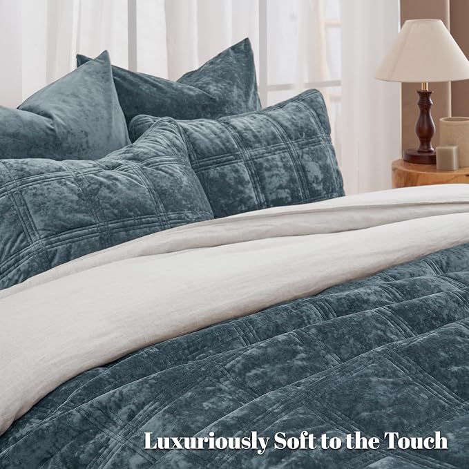 PHF Ultra Soft Velvet Quilt Set Twin Size – 2PCS Luxurious Cozy Quilted Comforter Alternative with Diamond Pattern, Warm Quilted Bedspread Coverlet, 68" x 92", Stormy Blue