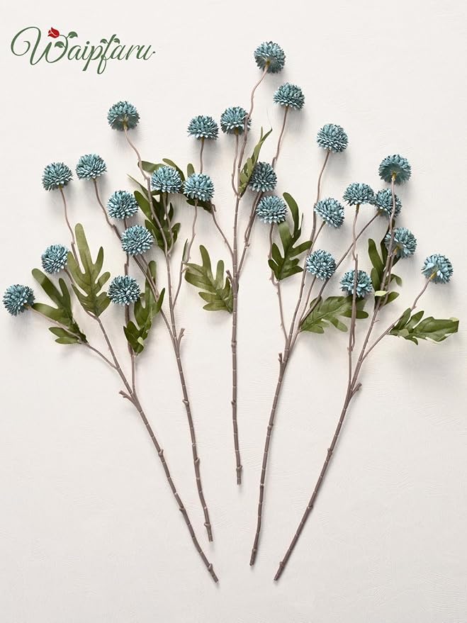Waipfaru 10pcs Fake Silk Pompon Mum Artificial Flowers, Bulk Faux Mini Chrysanthemums, for Centerpieces Wedding Fillers Champagne Arrangements Shower Decorations, Blue