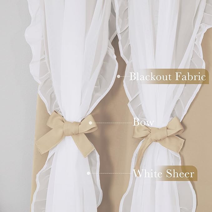 PONY DANCE Ruffle Curtains Double Layers Sheer Overlay Elegant Decoration for French Country Rustic Design Window Covering with Tiebacks, 52" Wide x 95" Long, Biscotti Beige, 2 Panels