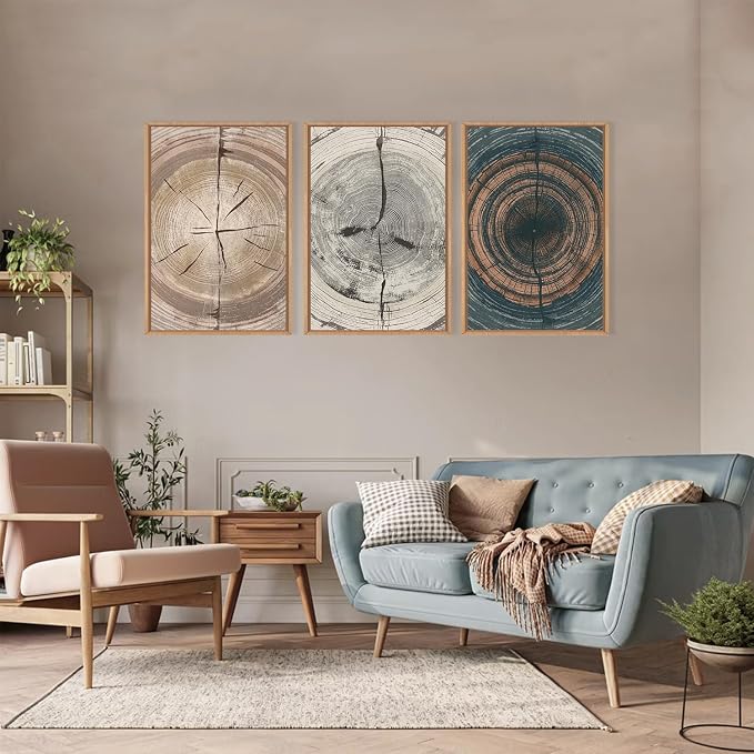 Vintage Beige Tan Tree Ring Framed Canvas Wall Art Set,Modern Neutral Gray Wood Stump Wall Decor,Rustic Wooden Tree Spiral Artwork for Living Room,Bedroom,Farmhouse-16 x24 x3