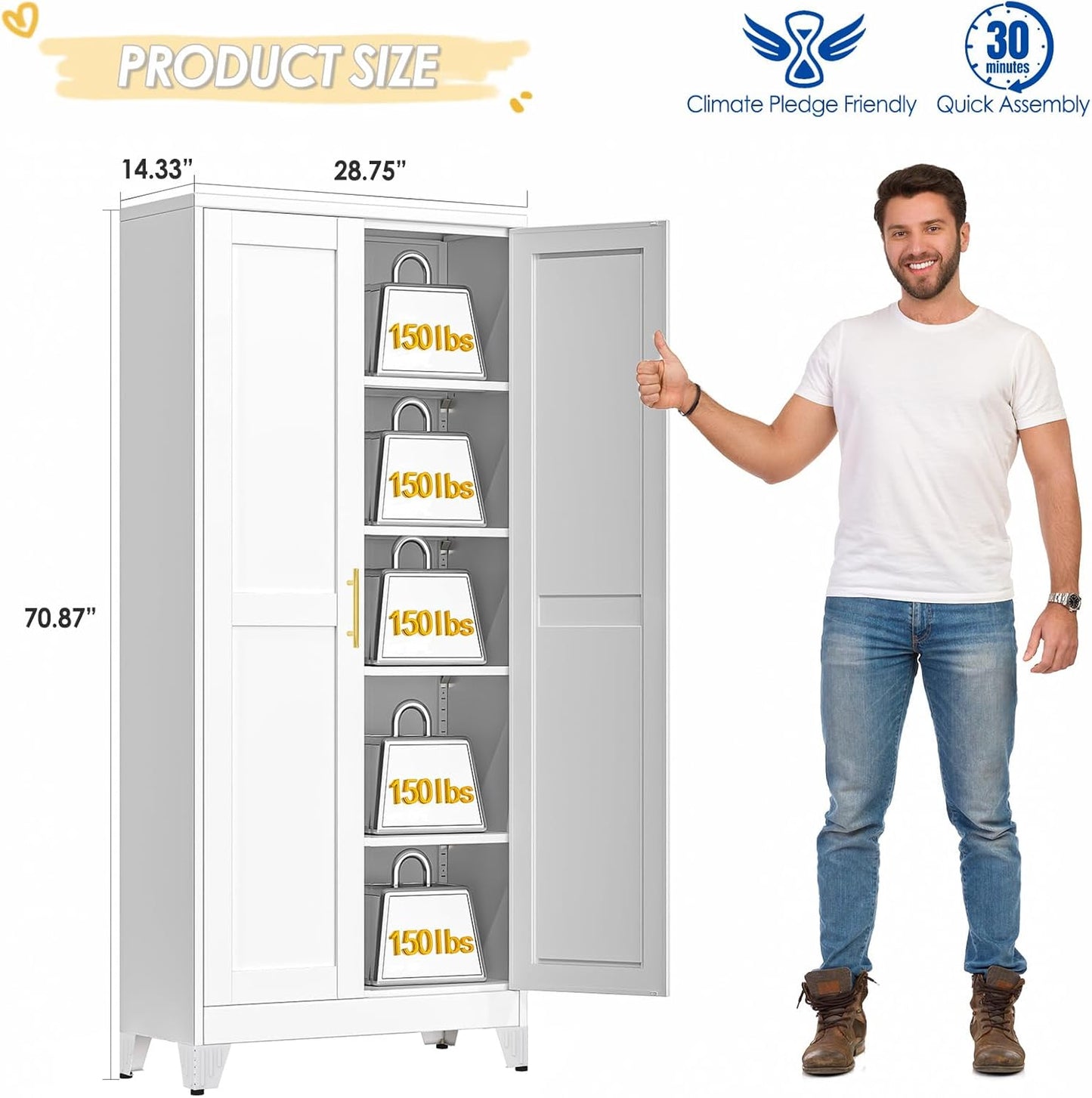 71" Tall Metal Storage Cabinet with 2 Doors and 4 Adjustable Shelves, Kitchen Pantry Cabinet White Freestanding Cupboard, 5 Tier Multifunctional Steel Storage for Office, Kitchen, Dining Room