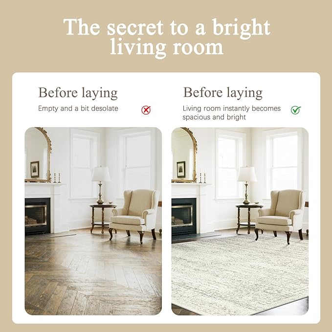 Srugn Washable Rugs 8x10 Area Rugs for Living Room,Bedroom,Dining Room- Large Ultra Soft Faux Wool Retro Carpets,Non Slip&Non-Shedding Low Pile Vintage Print Rug for Home Office Decor-Beige