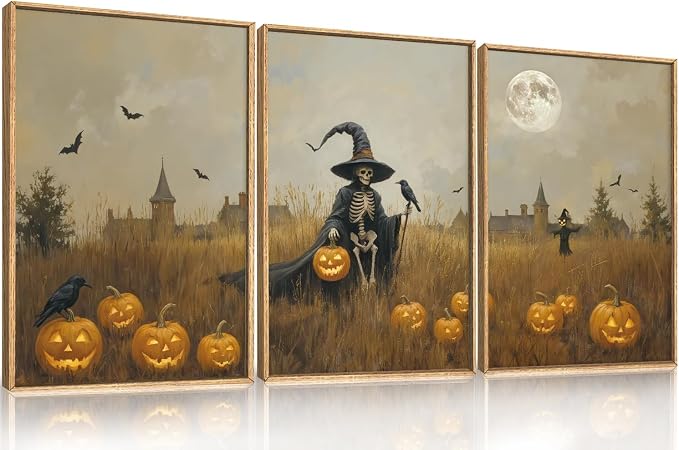 Halloween Ghost Reaper Framed Wall Art Set,Scary Witchy Pumpkin Wall Decor,Horror Night Wall Painting,Full Moon Bats Artwork for Living Room,Bedroom,Halloween Themed Party-24×36"×3