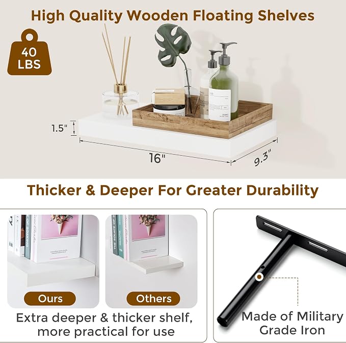 White Floating Shelves, 16 inch Wooden Floating Shelves for Wall, 9.3in Deep Wall Mounted Shelf for Storage & Organizer, Shelving for Bathroom Living Room Kitchen Bedroom, 16 x 9.3 x 1.5 in, 2 Packs