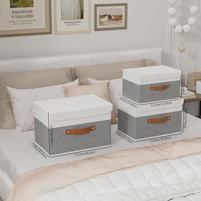 Yawinhe Collapsible Storage Bin, Cube Organizer Basket, Fabric Box with Lids, Washable and Leather Handle, for Home, Closet, White/Grey, 13.0''Lx9.0''Wx7.9''H, 3-Pack, SNK024WGS-3