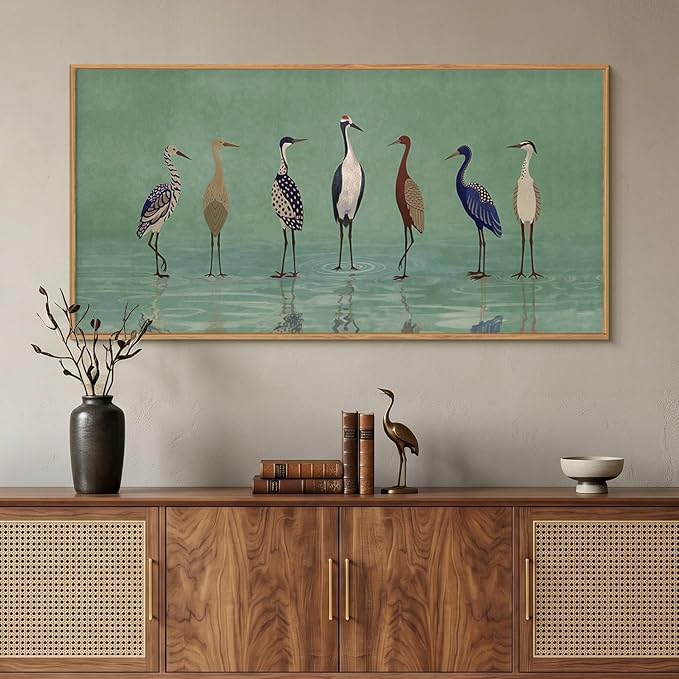 Large Vintage Birds Heron Framed Canvas Wall Art,Green Lake Wildlife Wall Decor,Minimalist Animals Art Prints,Natural Coastal Landscape Artwork for Living Room,Bedroom,Farmhouse- 20''x40''x3