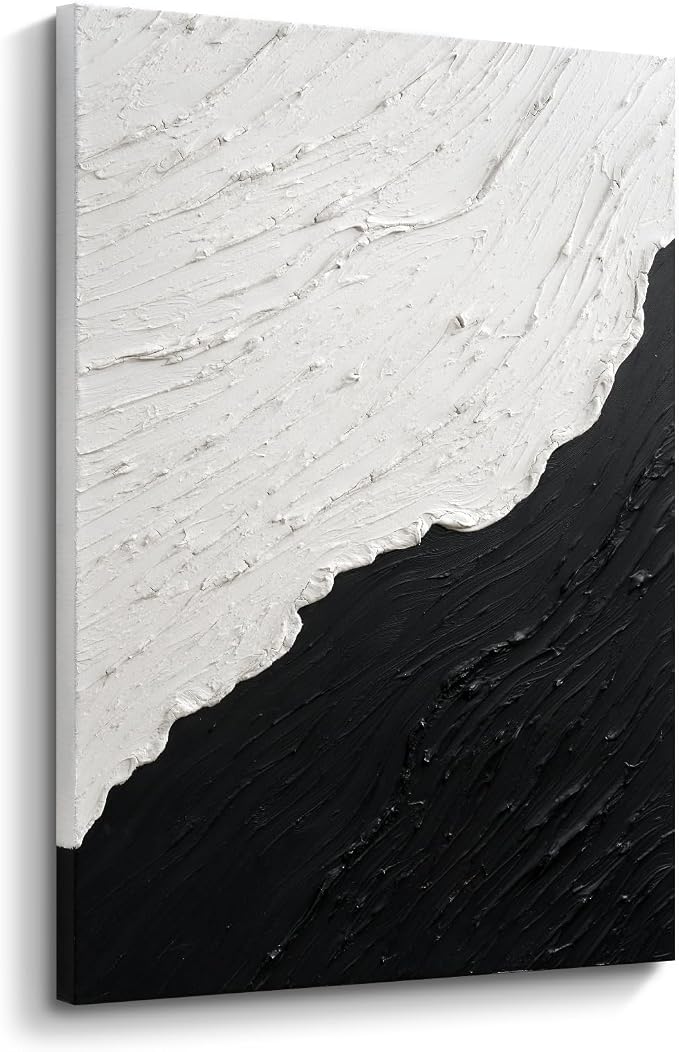 Black & White Abstract Ocean Canvas Wall Art Vertical Textured Oil Painting | Modern Minimalist Neutral Artwork for Office Bedroom Dining Room Decor, Hand-Painted Wall Decor for Living Room, 24x36 In