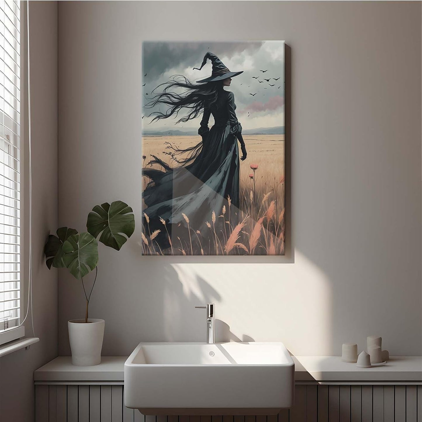 Gothic Decor Canvas Wall Art Witch in Rice Field Halloween Art Decor Print Nature Print Victorian Home Bedroom28x40in Wood Framed