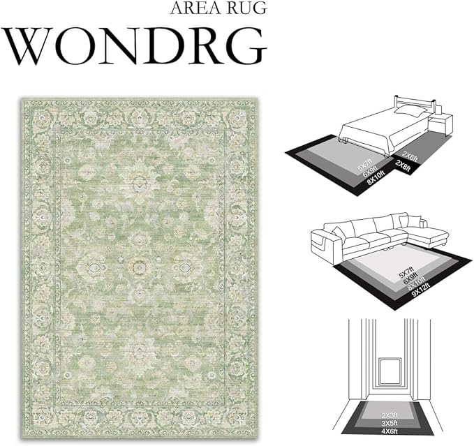 3x5 Green Washable Area Rug for Entryway Neutral Floral Soft Non Slip Carpet Low Pile Distressed Door Mat for Bathroom Bedroom Entrance Living Room