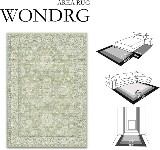 8x10 Green Washable Area Rug for Living Room Bedroom Neutral Floral Soft Non Slip Rug Low Pile Distressed Carpet for Dining Room Nursery Office Indoor