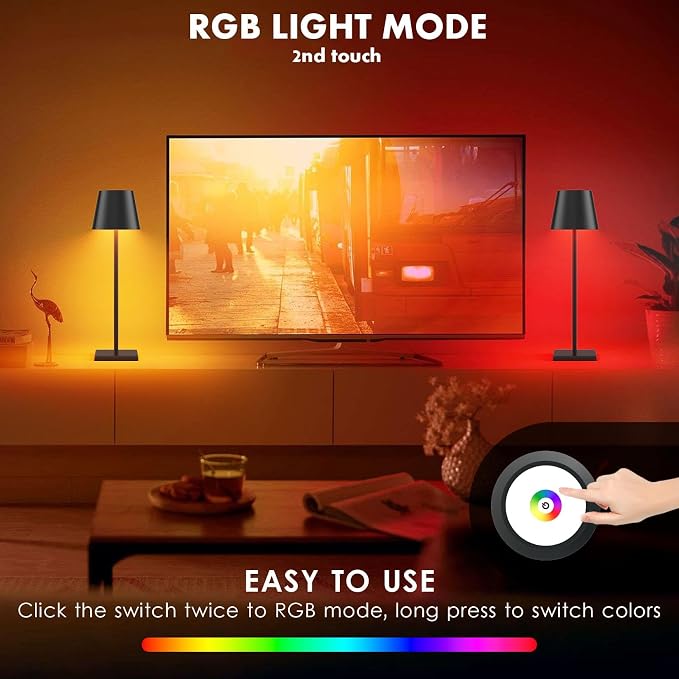 2 Pack LED Cordless Table Lamp with RGB & Stepless Dimming Rechargeable Battery Desk lamp 5000mAh Battery Operated with Modern Portable Table Light for Indoor/Outdoor IP54 Waterproof (Black)