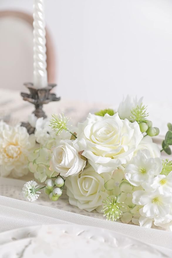 White Artificial Flower Box Set Silk Fake Flowers for DIY Centerpieces Cake Decorations, Wedding Bouquets, Boutonnieres, Home Decor (White Green)