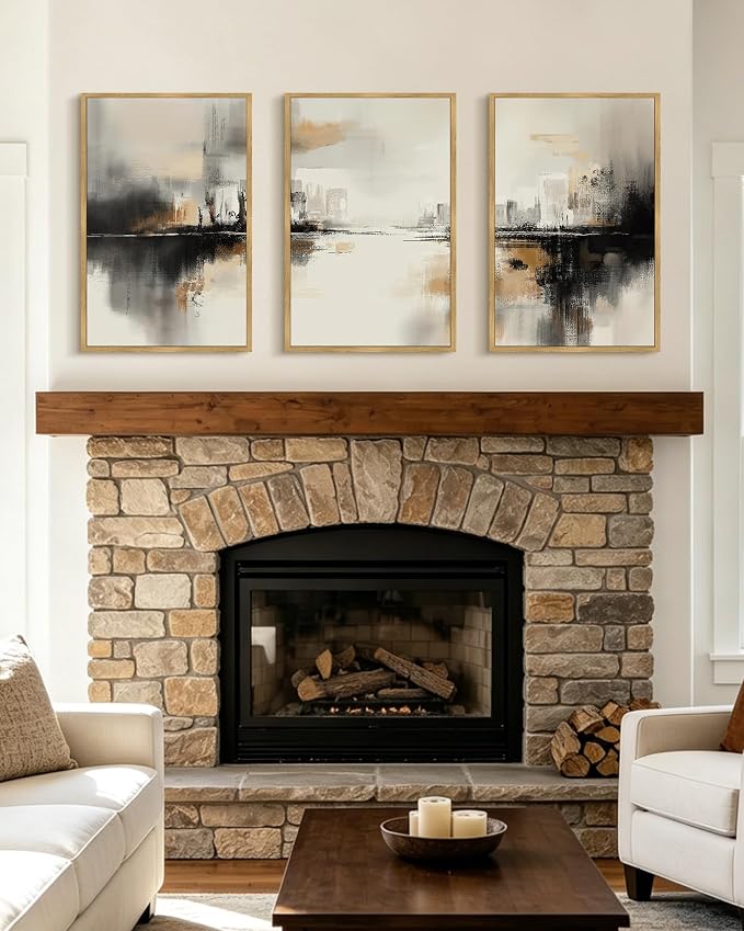 PHOPAGO Black Gray Abstract Landscape Framed Wall Art Large 16x24in Brown Tan Neutral Wall Decor Minimalist Modern Illustrations Prints Bedroom Home Decor - Natural Framed