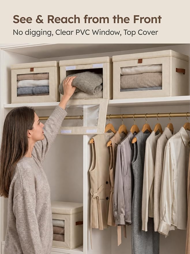 Homsorout Collapsible Storage Bins - Large Closet Organizer with Handles & Window, Decorative Storage Boxes, Fabric Containers for Living Room, Dorm, 4 Pack, Beige