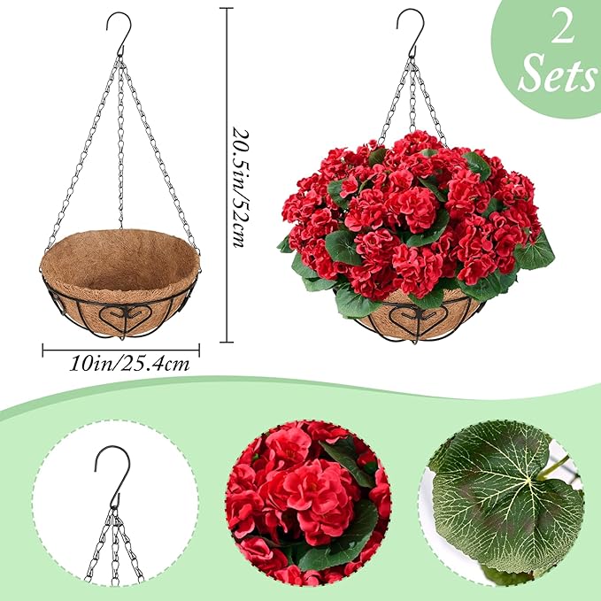 Waipfaru 2 Set Artificial Geraniums for Outdoors with Hanging Baskets, 12 Bundles UV Resistant Artificial Outdoor Plants, Fake Red Flowers for Spring Front Porch Home Patio Balcony Yard Decor