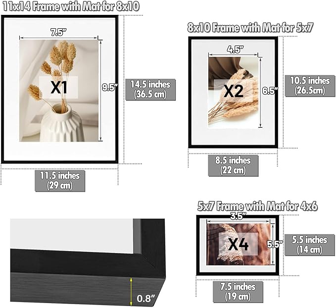 Golden State Art, Aluminum Gallery Wall Frame Set of 7 - Includes One 11x14, Two 8x10, and Four 5x7 - Metal Frames with Mat & Real Glass Cover for Elegant Home or Office Decor (Style 2, Black)