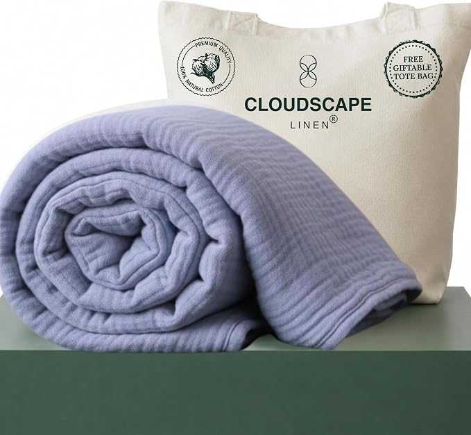 CLOUDSCAPE 4 Layer Muslin Blanket for Adults, 100% Cotton Blanket King Size, 92" x108'' Oversized Fits Upto Cal King Bed, Soft Lightweight Breathable Layering Cotton Summer Blankets - Lavender Blue