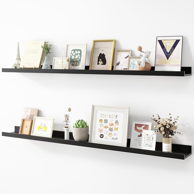 Acovy Picture Ledge Shelf, Wood Long Floating, Set of 2, 48 inch, Black | Wall Mounted, For Living Room Kids' Room Bedroom, Photo Ledge Nursery Book Shelves