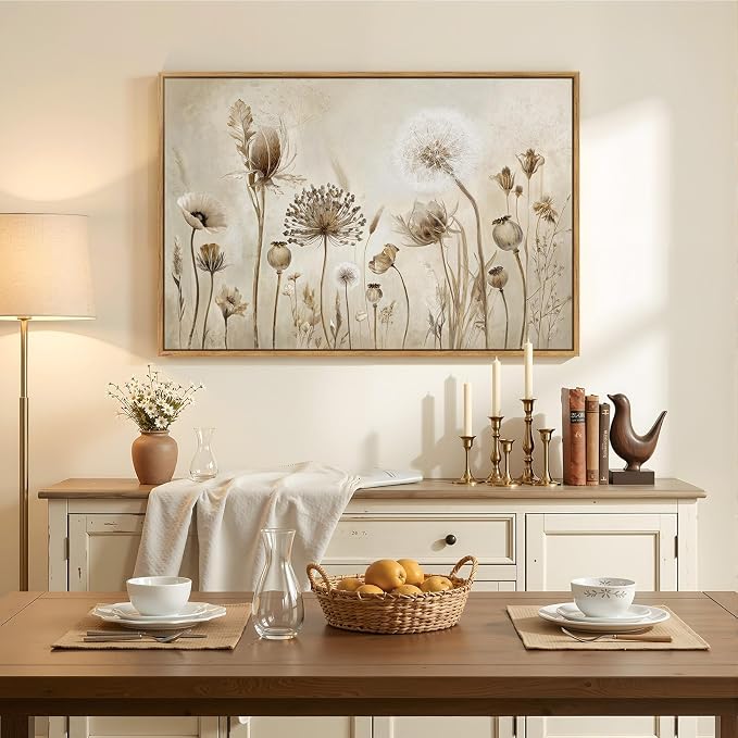 Framed Vintage Botanical Floral Wall Art, Neutral Rustic Flower Canvas Artwork for Modern Farmhouse, Minimalist Wildflower Dandelion Painting Prints for Living Room Bedroom Kitchen Dining room, 24x36