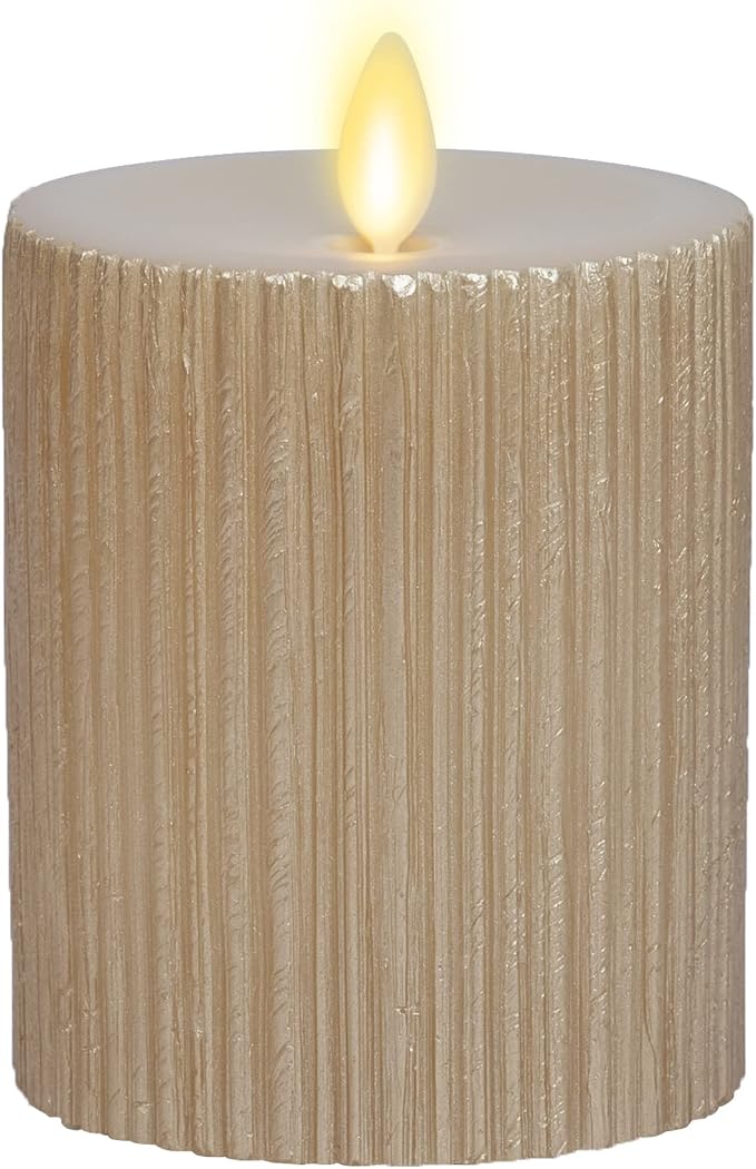 Luminara Flameless LED Candle (3.25x4.5) with Embossed Metallic Furrow, Moving Flame LED Pillar, Real Wax with Recessed Edge, Battery Operated - Pearl Ivory