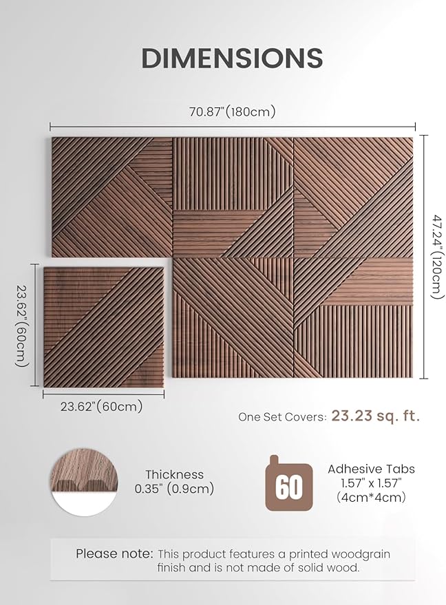 Fluxynara Large Felt Bulletin Board,Cork Board Alternative 70.87'' x 47.24'' Art Acoustical Wall Panels-6 Pack with 60 Adhesive Tabs,for Recording Studio/Home Offices-Walnut/Crossing Lines