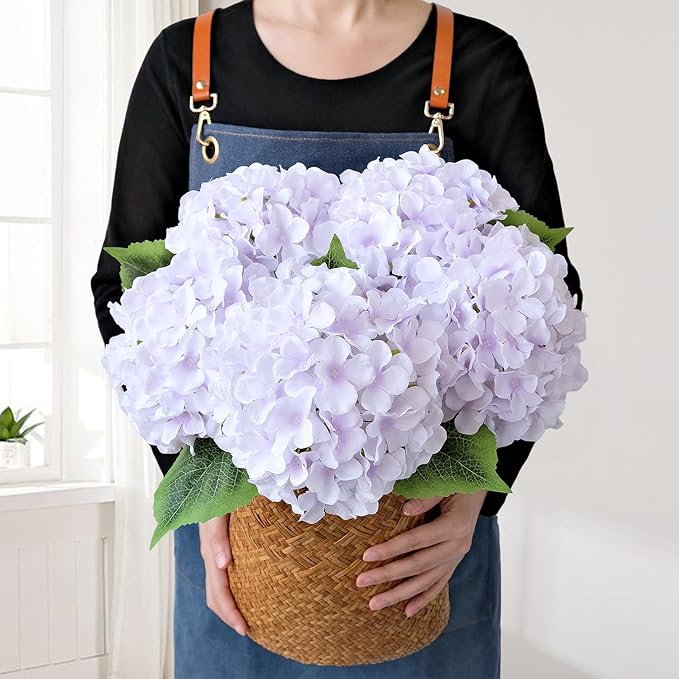 JINWOE Light Purple Fake Hydrange Flowers, 5Pcs 20Inch Large Boho Silk Flowers, Lifelike Hydrangeas Artificial Flowers for Bouquet Table Centerpieces Baby Showers Wedding Home