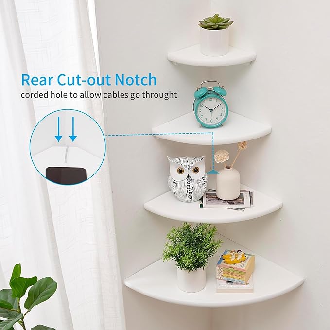 Corner Shelf, Solid Oak Wood Floating Corner Shelf Wall Mount Round End Floating Speaker Shelves with Wire Hole for Small Plant Photo Frame for Bedroom Kitchen, Living Room (White, 8.7in)