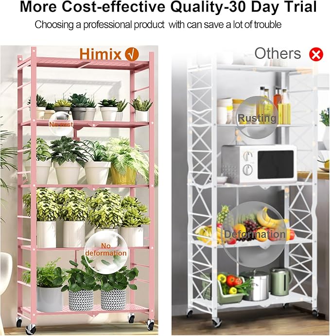 Himix Storage Shelves with 20 Hooks, 5-Tier Foldable Shelves for Storage, Folding Shelf Unit Pantry Shelves with Wheels, Standing Shelving Unit for Kitchen Garage Home Office Room Greenhouse, Pink
